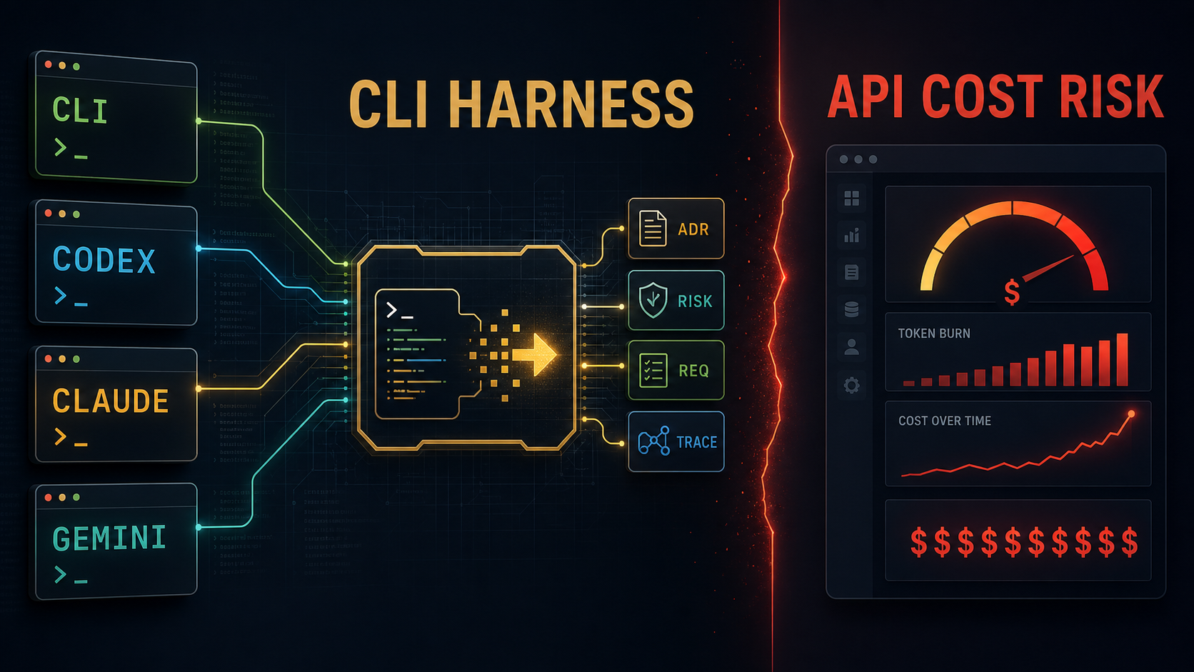 AI CLI harness article hero — dark technical split-screen with command-line panels labelled CLI, Codex, Claude and Gemini feeding a central governance harness that outputs ADR, Risk, REQ and TRACE documents, divided from a red API cost risk dashboard showing a rising cost meter, token burn bars and cost-over-time chart